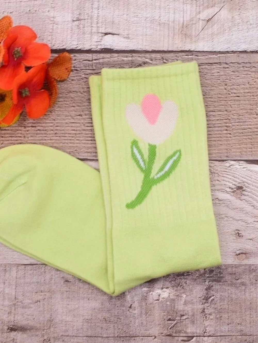 Minimal Garden Womens Flower Socks Pink on Green Gift Packaged